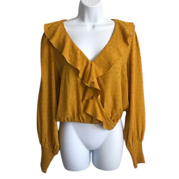 Lulus Women’s S Mustard Swiss Dot Ruffle Long Puff Sleeve Smocked Wrist Top EUC - Picture 2 of 16